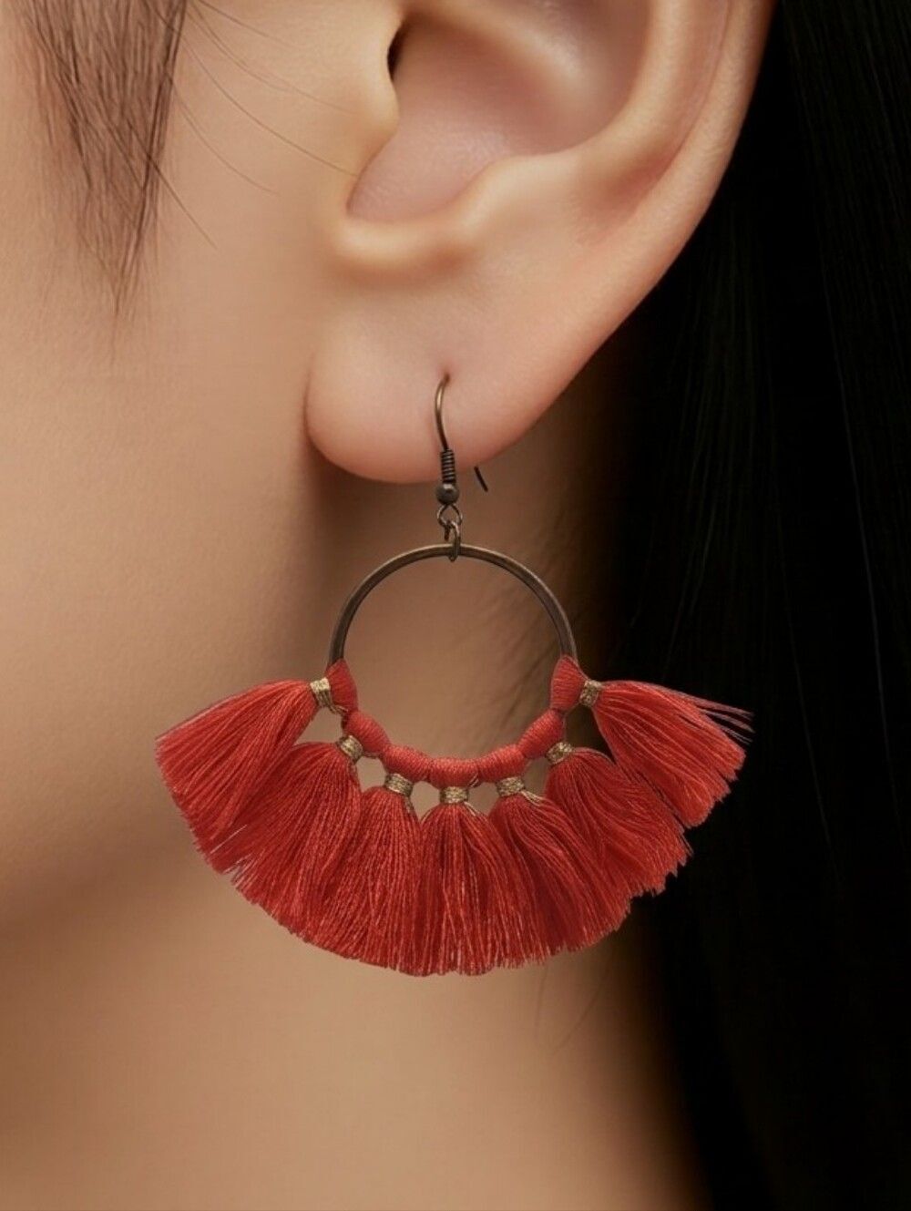 Red Fringe Tassel Hoop Earrings Boho Tribal Festival Statement Jewelry Dangles